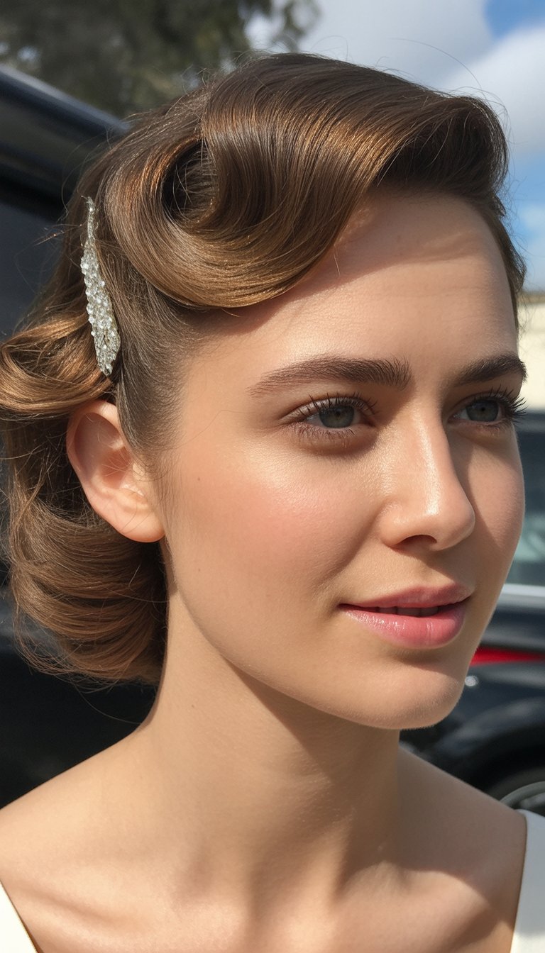 A woman with vintage-style curled hair and a decorative hairpin, looking to the side.
