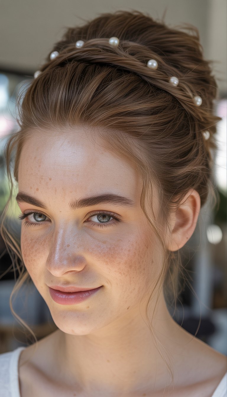 A young woman with light brown hair styled in an updo adorned with a pearl headband, smiling slightly. She has freckles and is wearing minimal makeup, with a softly lit background.
