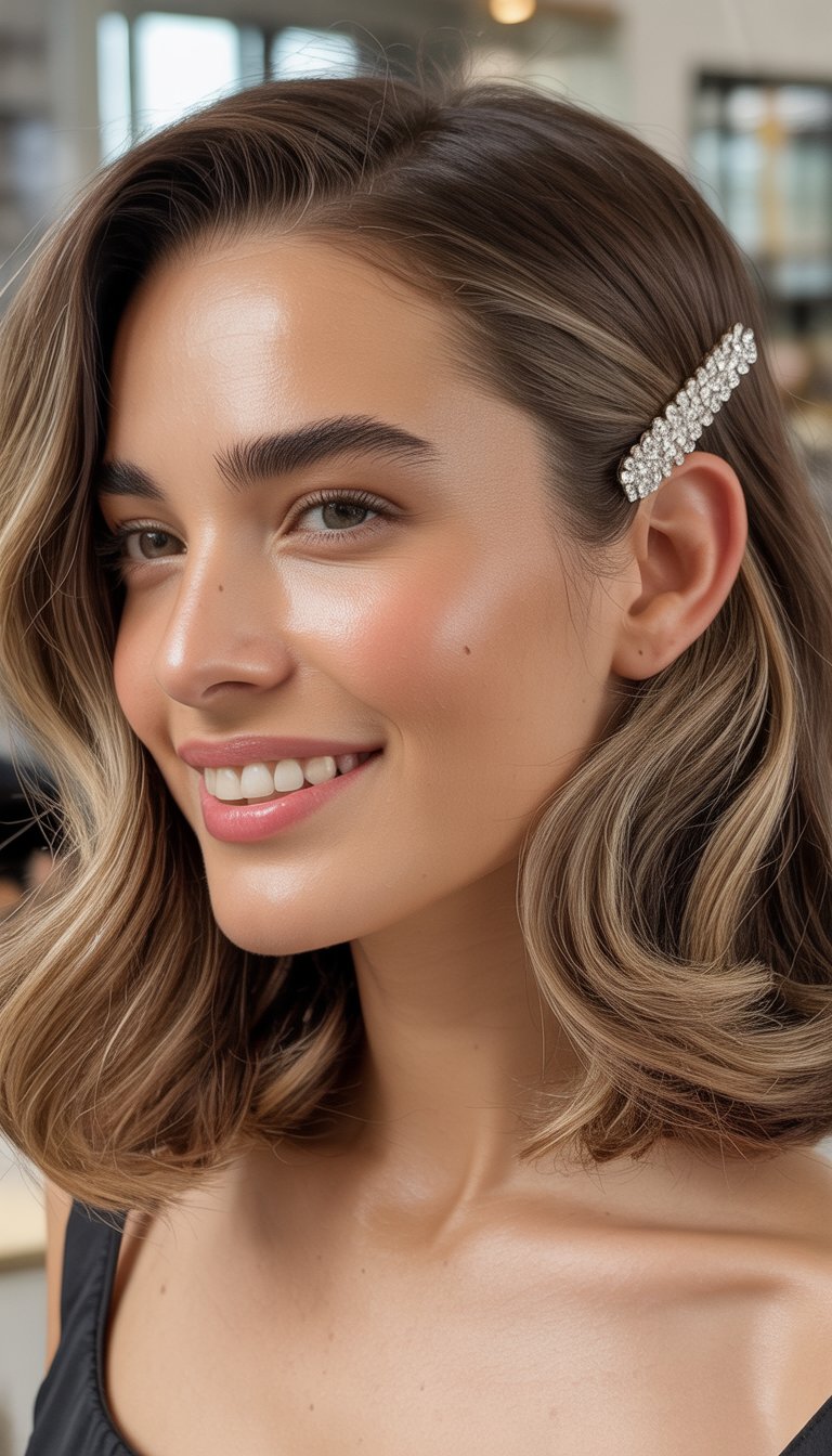 A woman with wavy shoulder-length hair, adorned with a sparkling hair clip on one side, smiles gently. Her makeup is soft and natural, highlighting her radiant skin.